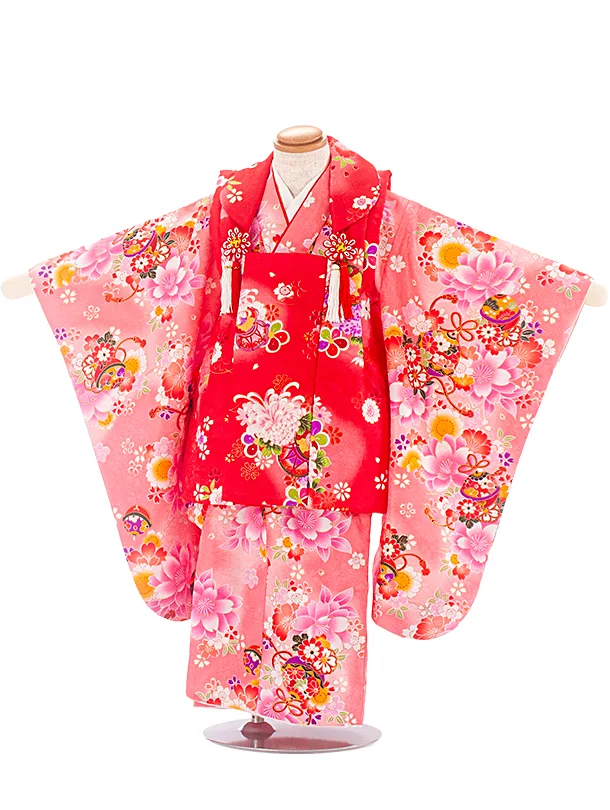 3歳女児被布 D3156 赤 鼓×ピンク 鈴 桜