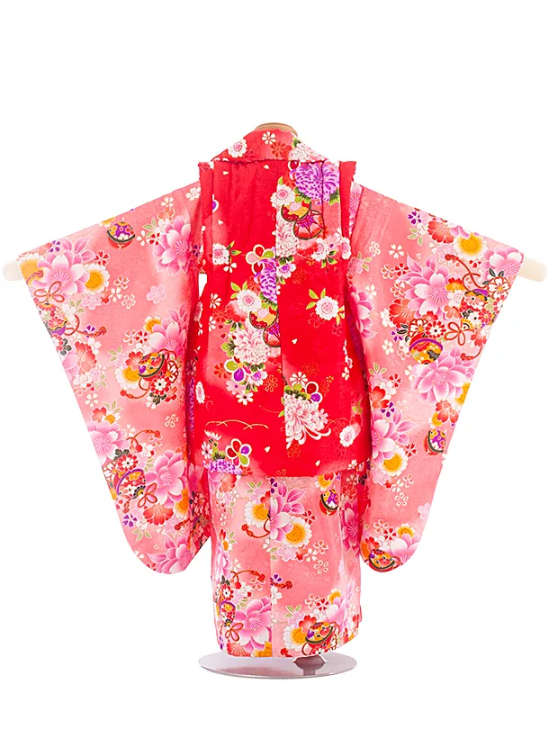 3歳女児被布 D3156 赤 鼓×ピンク 鈴 桜