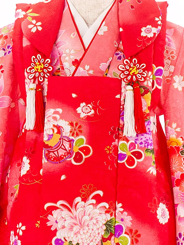 3歳女児被布 D3156 赤 鼓×ピンク 鈴 桜