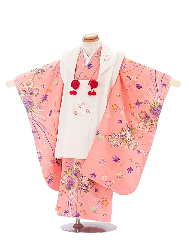3歳女児被布 D3159 白 うさぎ×ピンク くす玉