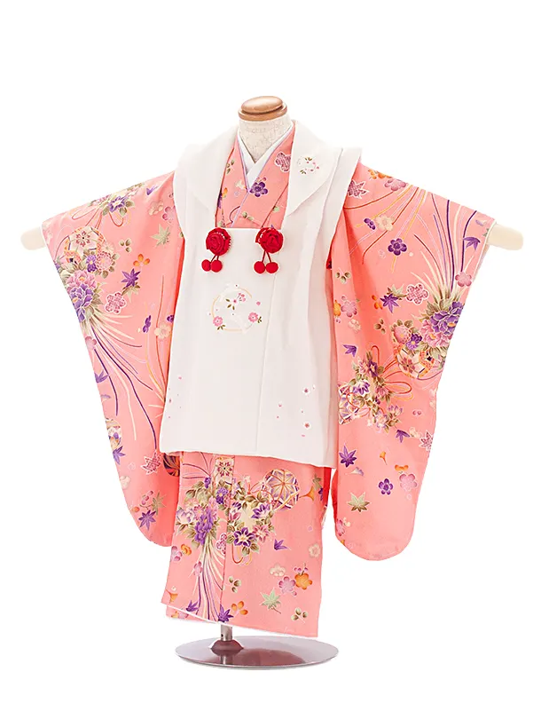 3歳女児被布 D3159 白 うさぎ×ピンク くす玉