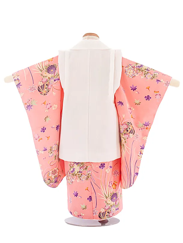 3歳女児被布 D3159 白 うさぎ×ピンク くす玉