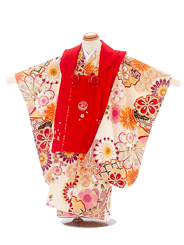 3歳女児被布 D3160 赤 まり×ベージュ 桜 菊