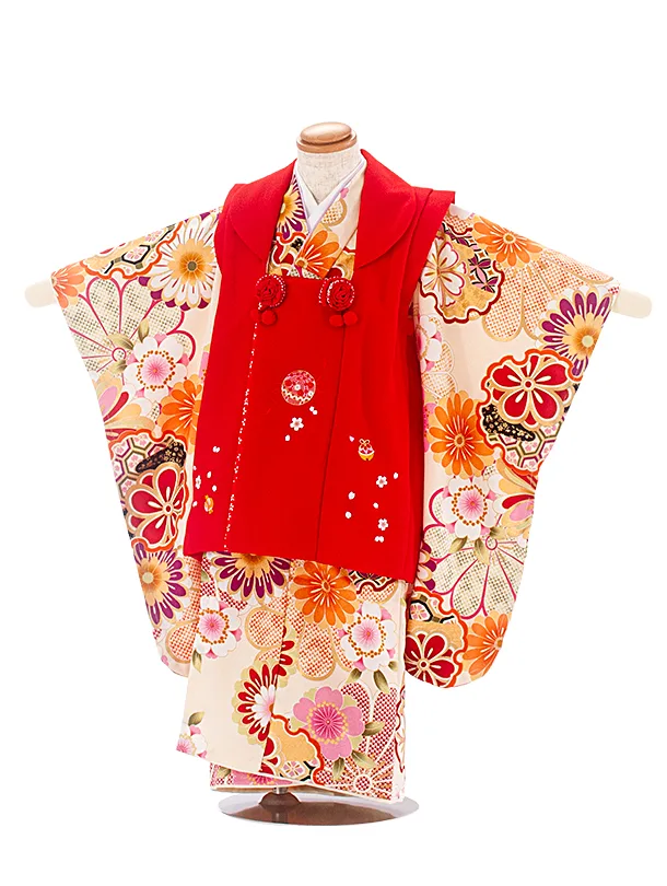 3歳女児被布 D3160 赤 まり×ベージュ 桜 菊