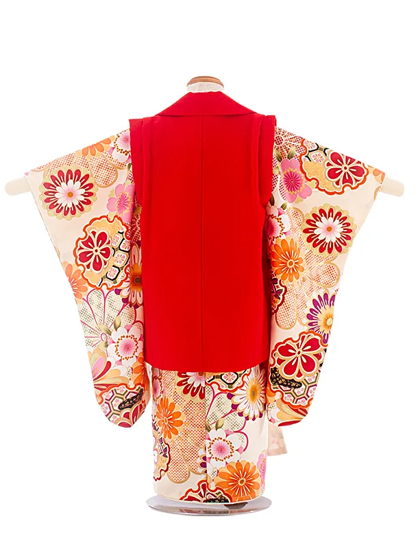 3歳女児被布 D3160 赤 まり×ベージュ 桜 菊