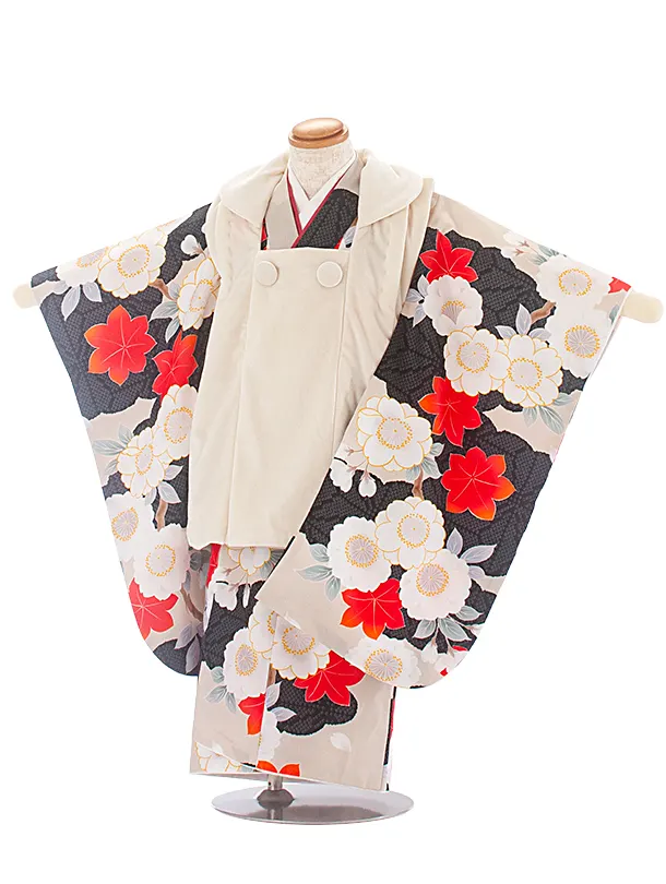 3歳女児被布 D3161 オフホワイト ベロア×ベージュ黒 雲取り 桜