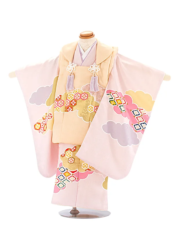 3歳女児被布 D3163 クリーム×薄ピンク 雲取り