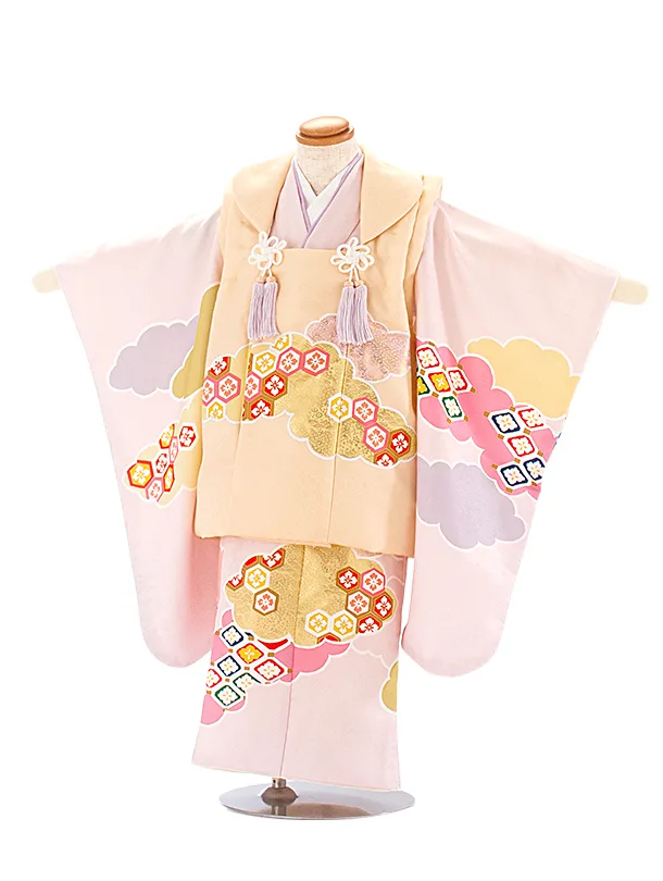 3歳女児被布 D3163 クリーム×薄ピンク 雲取り