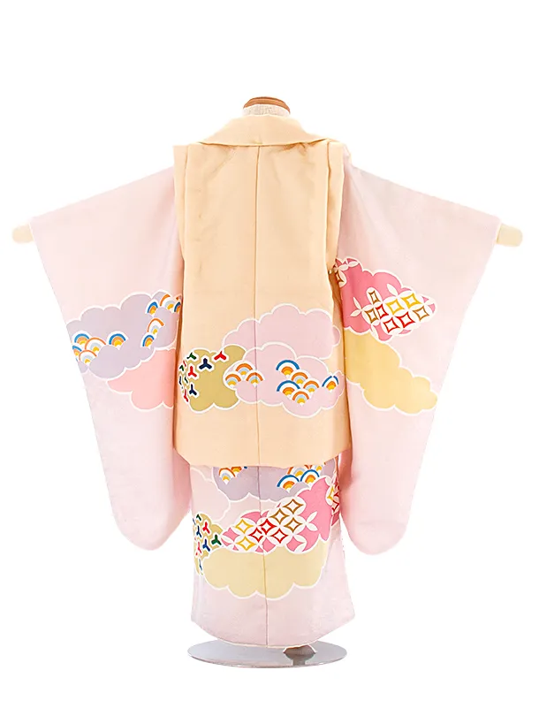 3歳女児被布 D3163 クリーム×薄ピンク 雲取り