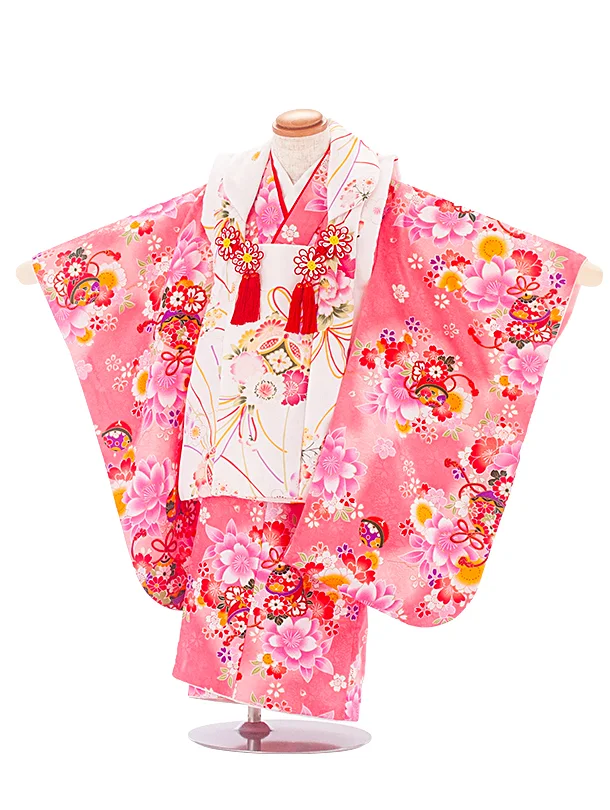 3歳女児被布 D3164 白 水引×ピンク 鈴 桜