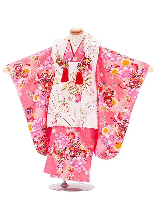 3歳女児被布 D3164 白 水引×ピンク 鈴 桜