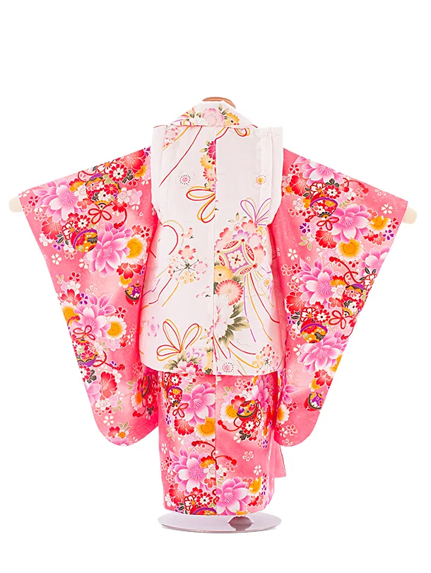 3歳女児被布 D3164 白 水引×ピンク 鈴 桜