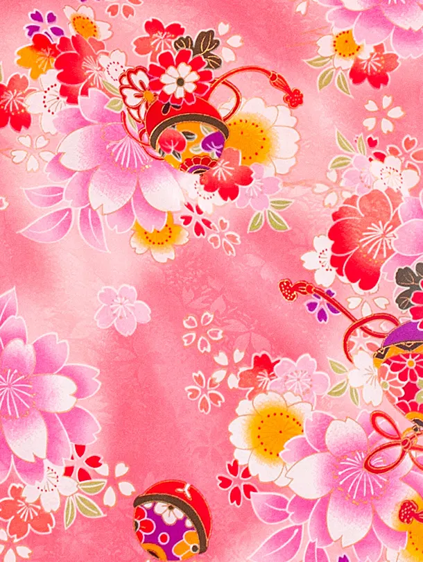 3歳女児被布 D3164 白 水引×ピンク 鈴 桜