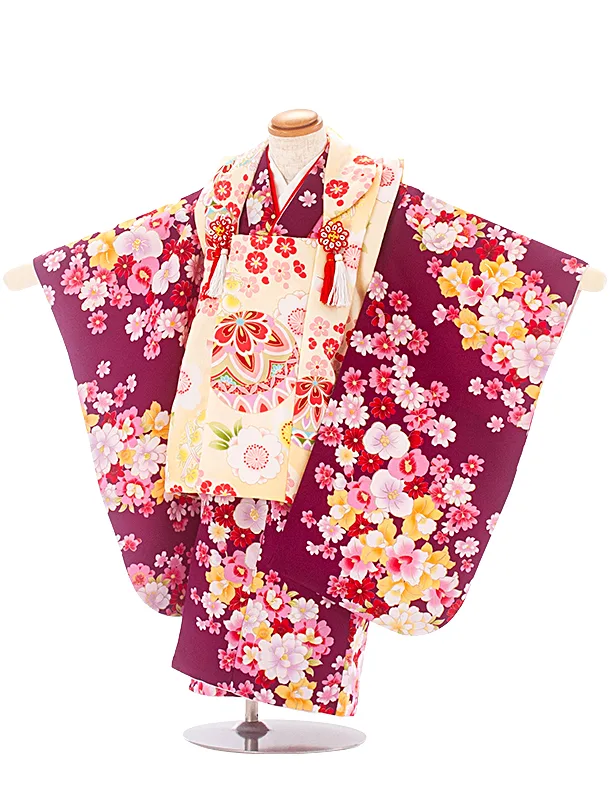 3歳女児被布 D3165 クリームまり×紫花