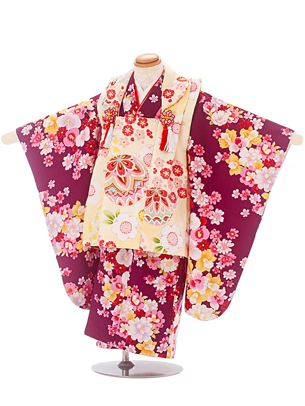 3歳女児被布 D3165 クリームまり×紫花