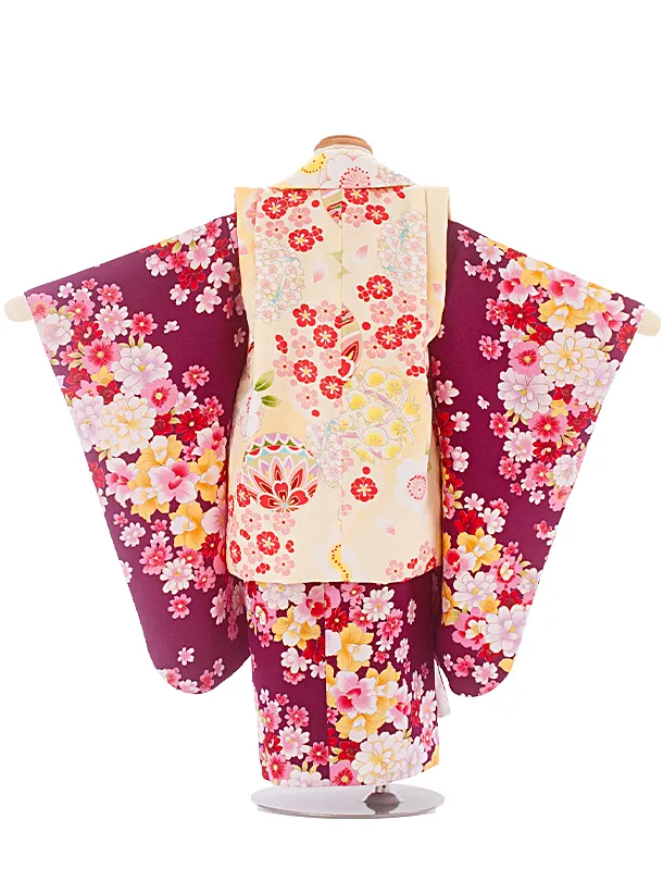 3歳女児被布 D3165 クリームまり×紫花