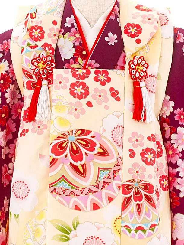 3歳女児被布 D3165 クリームまり×紫花
