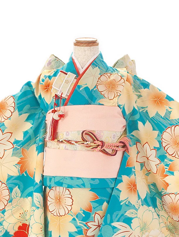 七五三レンタル(7歳女結び帯)京舞 水色 八重桜
