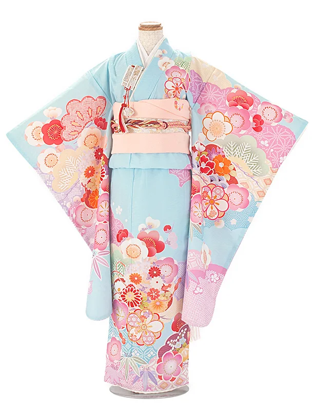 七五三レンタル(7歳女児結び帯) D7012 式部浪漫 水色 梅がさね