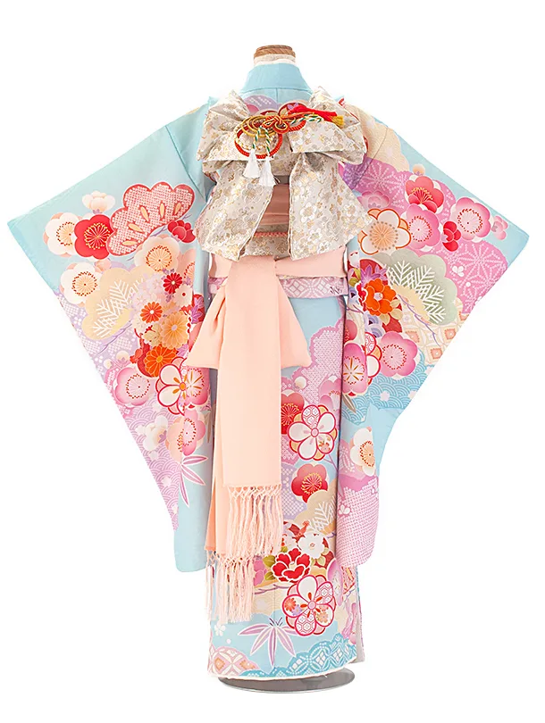 七五三レンタル(7歳女児結び帯) D7012 式部浪漫 水色 梅がさね