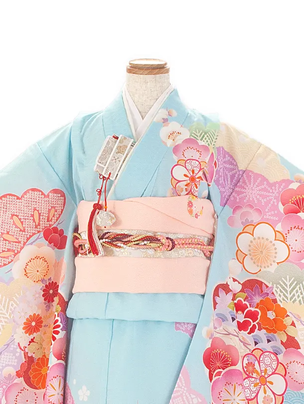 七五三レンタル(7歳女児結び帯) D7012 式部浪漫 水色 梅がさね