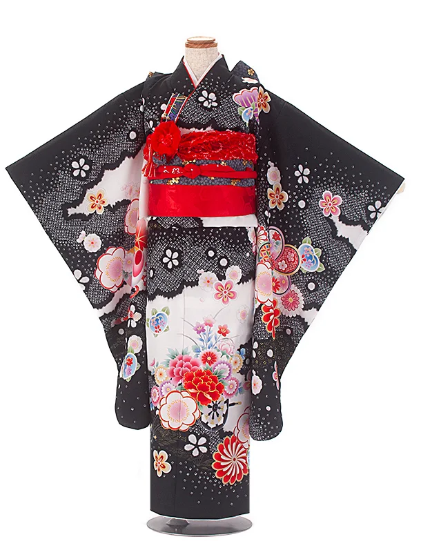 七五三レンタル(7歳女児結び帯) D7016 黒白 桜 刺繍入