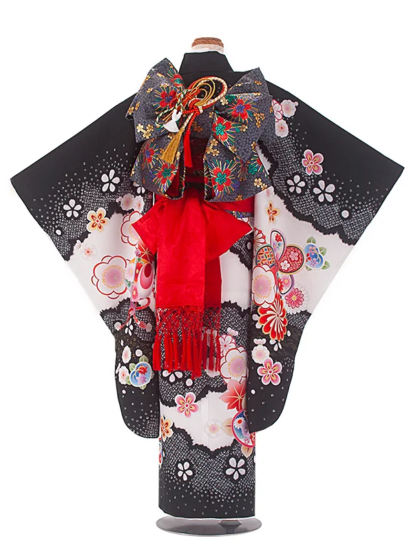 七五三レンタル(7歳女児結び帯) D7016 黒白 桜 刺繍入