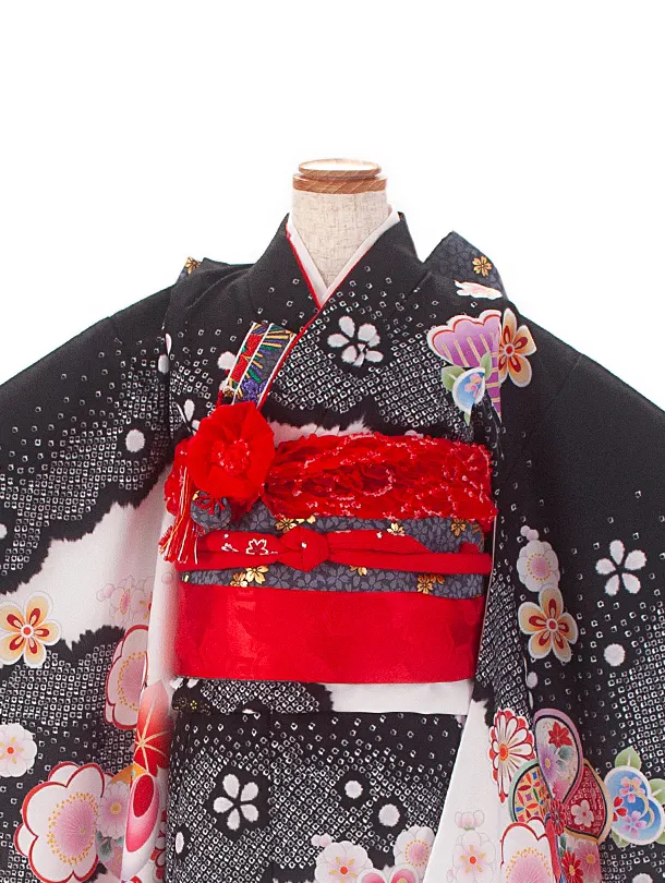 七五三レンタル(7歳女児結び帯) D7016 黒白 桜 刺繍入