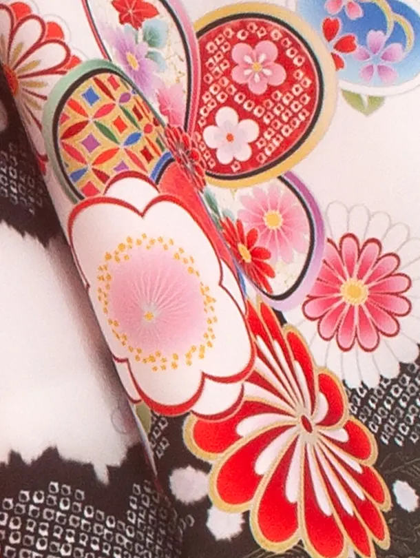 七五三レンタル(7歳女児結び帯) D7016 黒白 桜 刺繍入