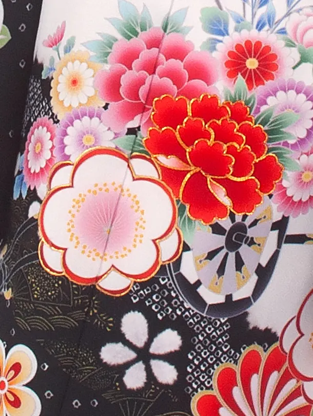 七五三レンタル(7歳女児結び帯) D7016 黒白 桜 刺繍入