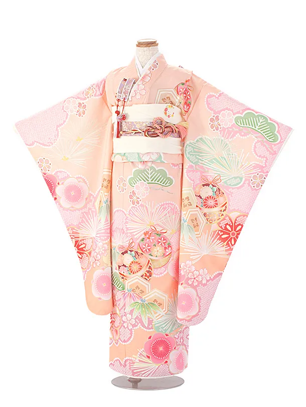 七五三レンタル(7歳女児結び帯) D7027 式部浪漫 ピーチピンク 梅まり