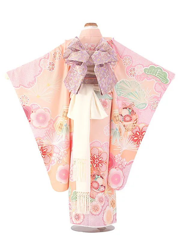 七五三レンタル(7歳女児結び帯) D7027 式部浪漫 ピーチピンク 梅まり