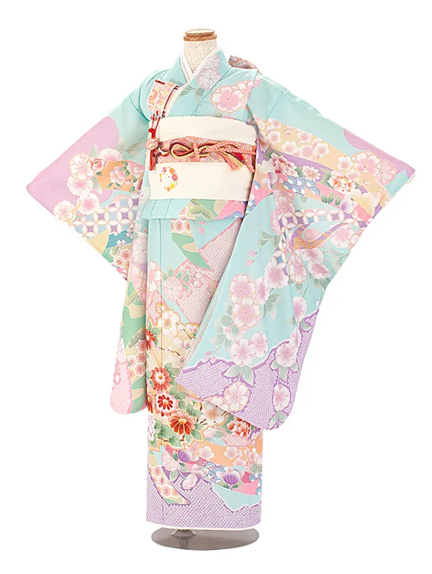 七五三レンタル(7歳女児結び帯) D7028 式部浪漫 水色×藤色 桜 のし
