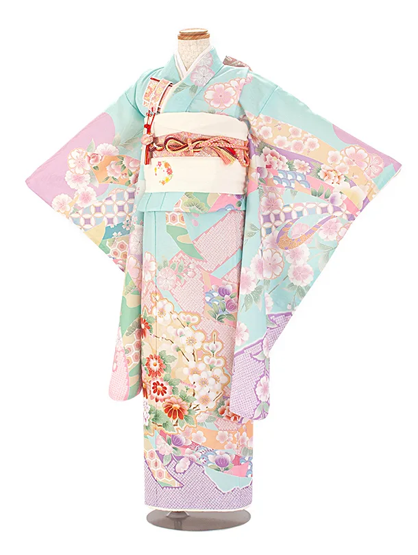 七五三レンタル(7歳女児結び帯) D7028 式部浪漫 水色×藤色 桜 のし