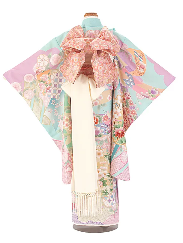 七五三レンタル(7歳女児結び帯) D7028 式部浪漫 水色×藤色 桜 のし