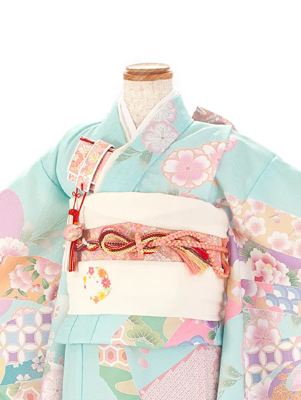 七五三レンタル(7歳女児結び帯) D7028 式部浪漫 水色×藤色 桜 のし