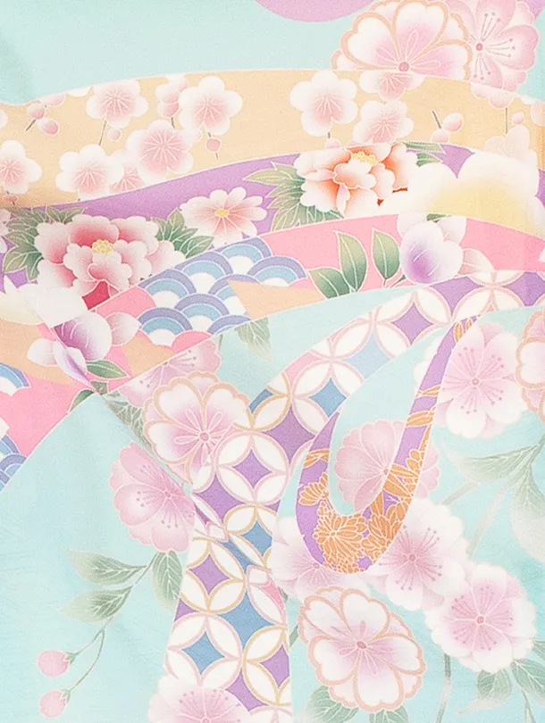 七五三レンタル(7歳女児結び帯) D7028 式部浪漫 水色×藤色 桜 のし