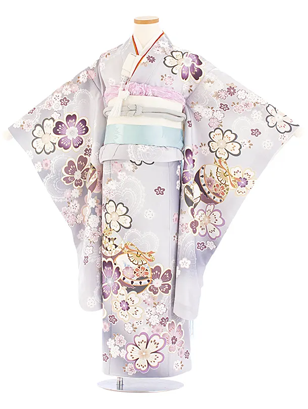 七五三レンタル(7歳女児結び帯) D7041 グレー 花 まり ししゅう