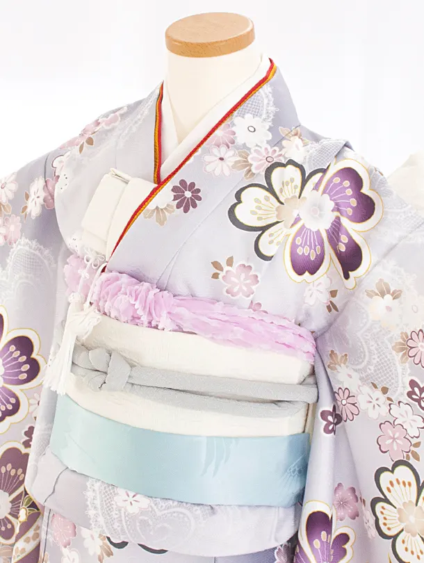 七五三レンタル(7歳女児結び帯) D7041 グレー 花 まり ししゅう