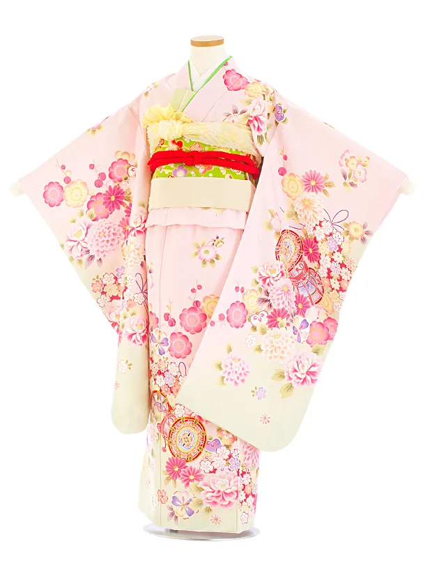 七五三レンタル(7歳女児結び帯) D7043 薄ピンク 鼓 梅 牡丹
