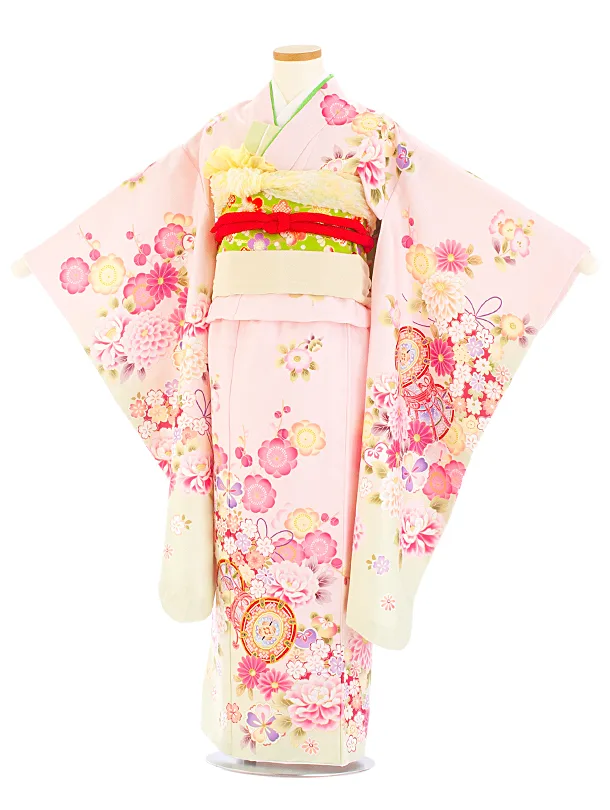 七五三レンタル(7歳女児結び帯) D7043 薄ピンク 鼓 梅 牡丹