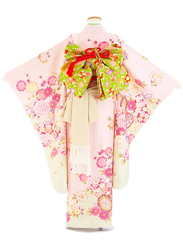 七五三レンタル(7歳女児結び帯) D7043 薄ピンク 鼓 梅 牡丹