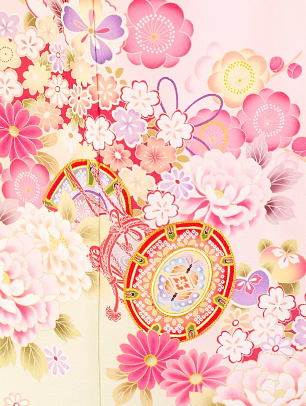 七五三レンタル(7歳女児結び帯) D7043 薄ピンク 鼓 梅 牡丹