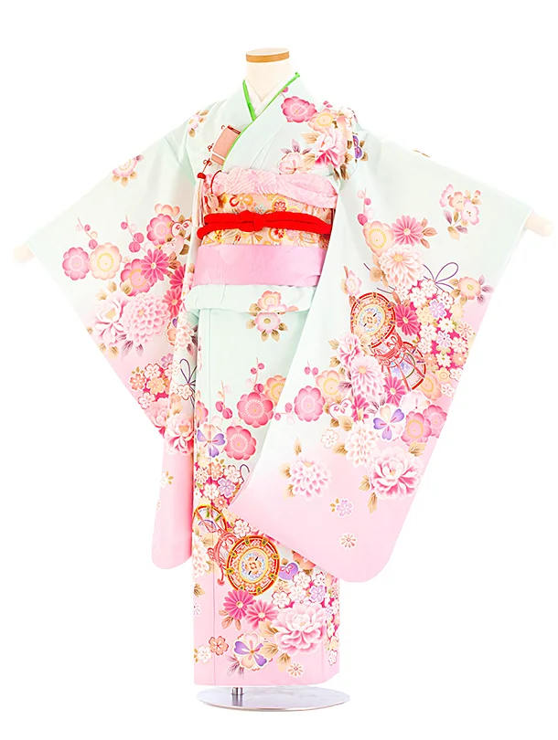 七五三レンタル(7歳女児結び帯) D7044 ミント 鼓 梅 牡丹