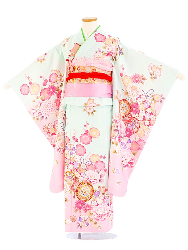 七五三レンタル(7歳女児結び帯) D7044 ミント 鼓 梅 牡丹