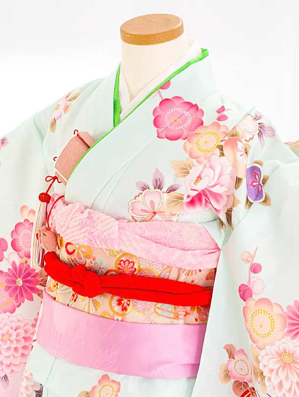 七五三レンタル(7歳女児結び帯) D7044 ミント 鼓 梅 牡丹