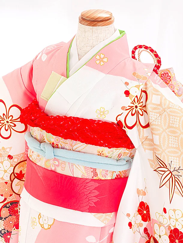 七五三レンタル(7歳女児結び帯) D7047 白/ピンク 松 ねじり梅