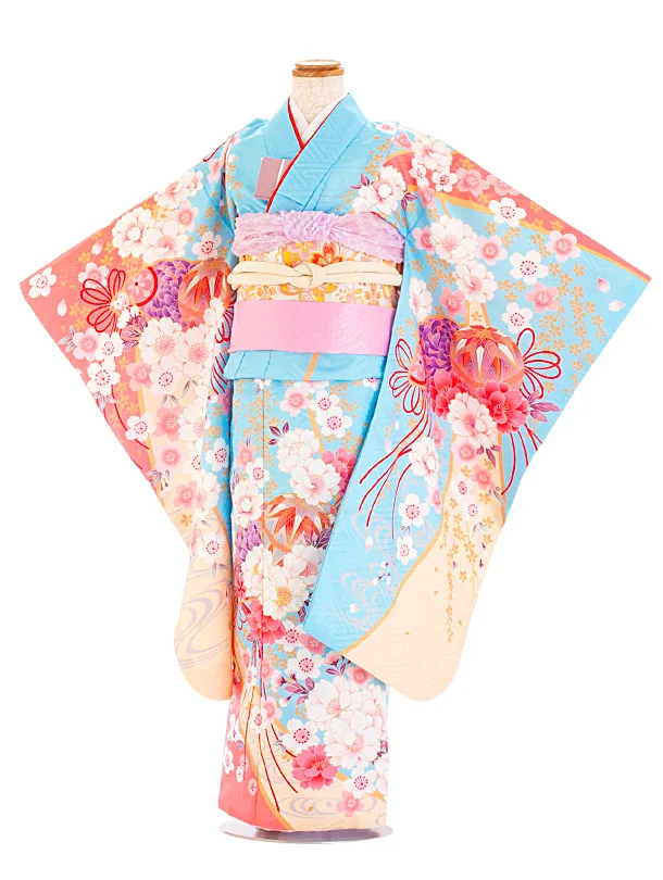七五三レンタル(7歳女児結び帯) D7049 水色ピンク 扇 まり 桜