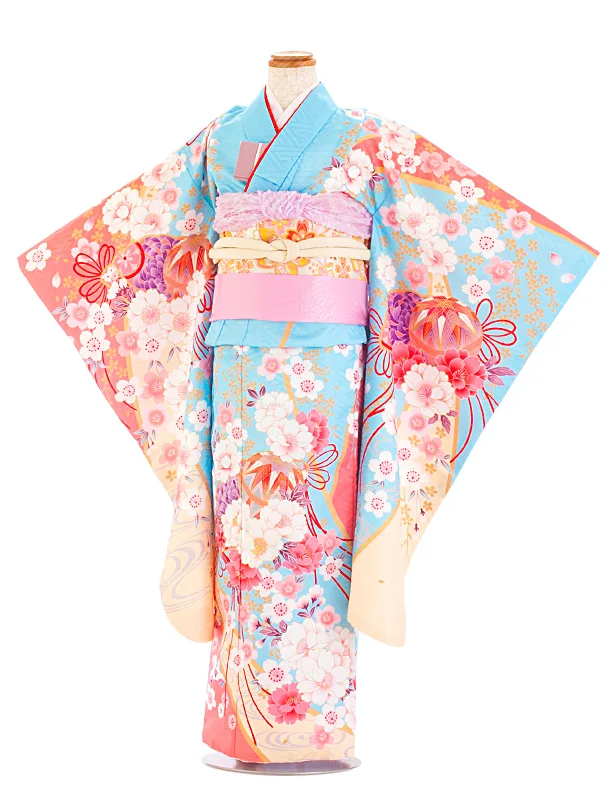 七五三レンタル(7歳女児結び帯) D7049 水色ピンク 扇 まり 桜