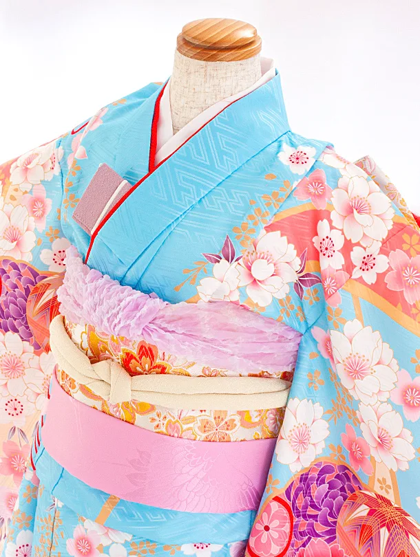 七五三レンタル(7歳女児結び帯) D7049 水色ピンク 扇 まり 桜